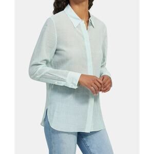 THEORY Green White Straight Shirt Organic Cotton Stripe Button-Up Long Sleeve S